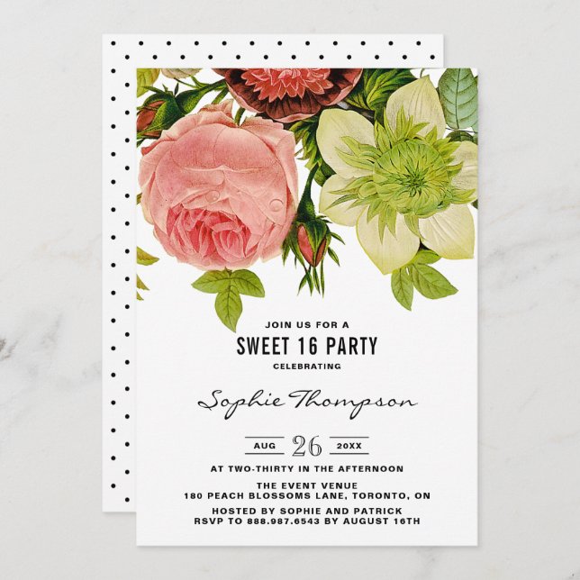 Invitation Fleurs botaniques Parti Sweet sixteen Vintage (Devant / Derrière)