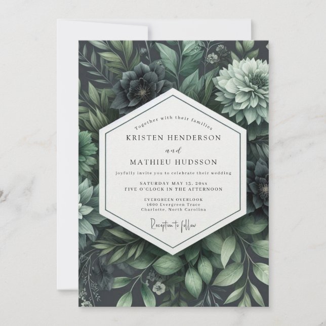 Invitation Fleurs Botaniques Profondes Vertes pour Mariage (Devant)