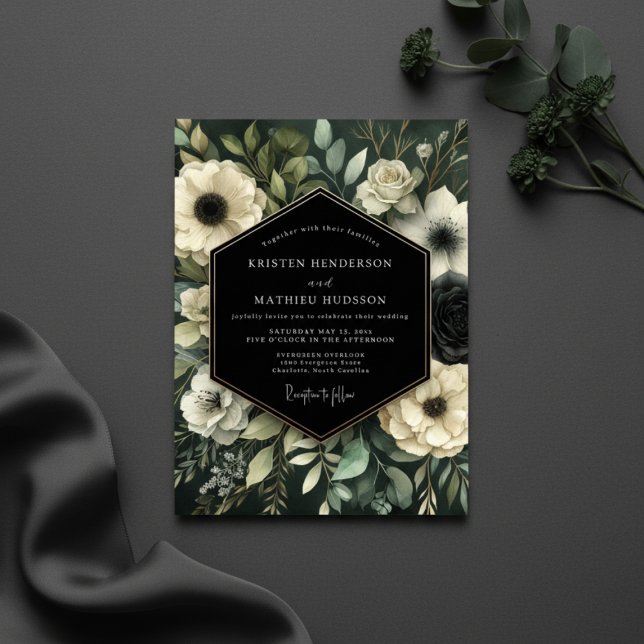 Invitation Fleurs Botaniques Profondes Vertes pour Mariage (Créateur téléchargé)