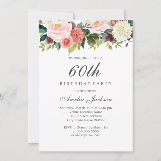 Invitation Fleurs Botaniques Rose Pêche 60e Anniversaire (Devant)