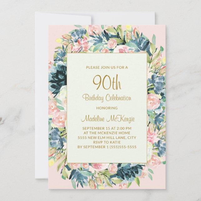 Invitation Fleurs Botaniques Rose Sépia Floral 90e Anniversai (Devant)