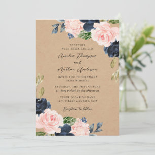 Invitation Fleurs botaniques rustiques rose marine Mariage