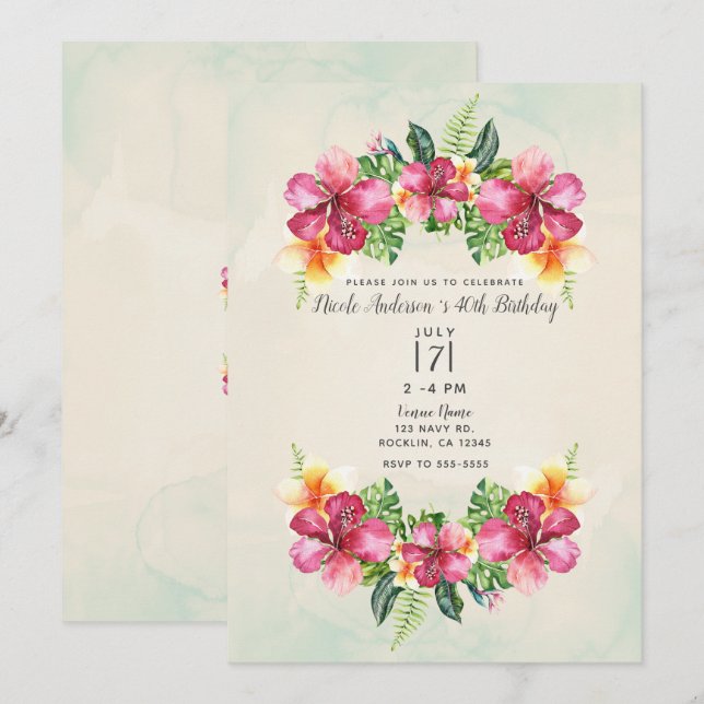 Invitation Fleurs Botaniques Tropicales Aloha pour Anniversai (Devant / Derrière)