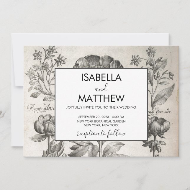 Invitation Fleurs botaniques vintages en noir et blanc (Devant)