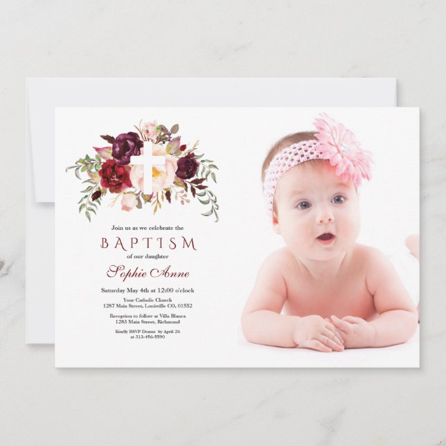 Invitation Fleurs Bourgogne Blush Cross Photo Baptême (Devant)