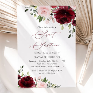 Invitation Fleurs Bourgogne, Fleurs roses, Boho, Sweet 16