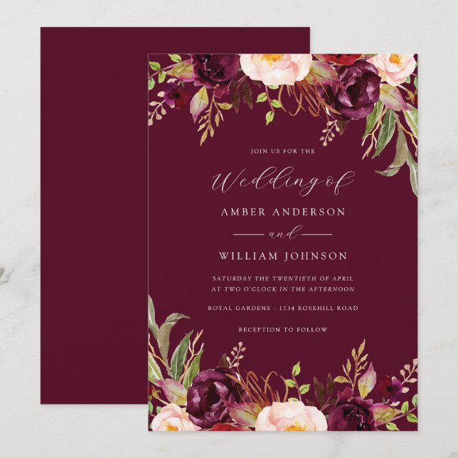 Invitation Fleurs Bourgogne Floraison Mariage   (Devant / Derrière)