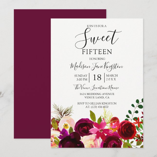 Invitation Fleurs Bourgogne Floral Boho Sweet 15 (Devant / Derrière)