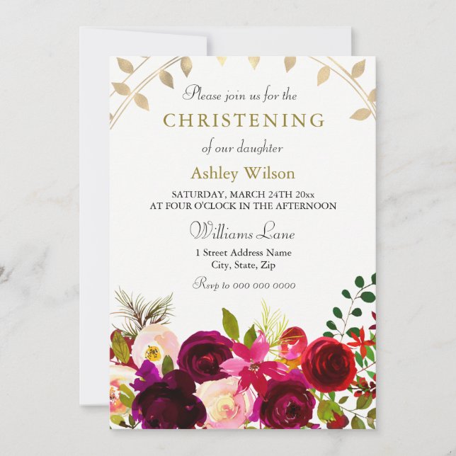 Invitation Fleurs Bourgogne Gold Leaf Wreath Christening (Devant)