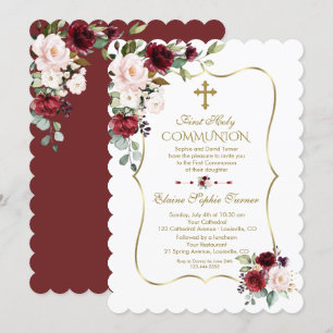 Invitation Fleurs Bourgogne Luxe Blush Première Communion Sai
