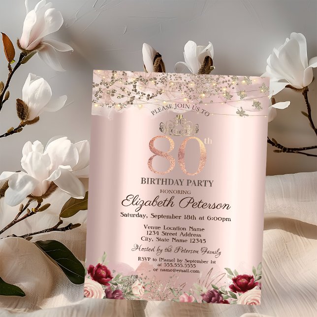 Invitation Fleurs Bourgogne Parties scintillant Bordure Rose  (Créateur téléchargé)