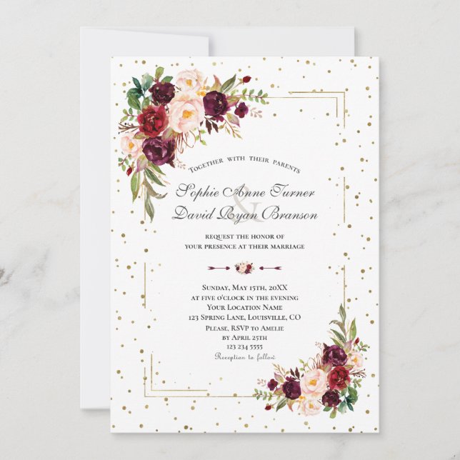 Invitation Fleurs Bourgogne Parties scintillant or Mariage Co (Devant)