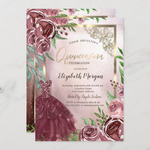 Invitation Fleurs Bourgogne Robe Or Cadre Quinceanera