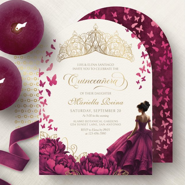Invitation Fleurs Bourgogne Robe Princesse Quinceanera (Créateur téléchargé)