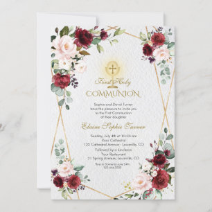 Invitation Fleurs Bourgogne rousses Gold Première Communion s