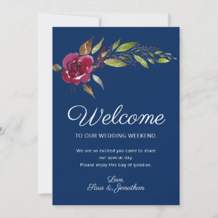 Invitation Fleurs Bourgogne sur Fond Bleu Marine Bienvenue