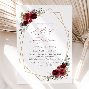 Invitation Fleurs Bourgognes, Fleurs Rouges, Boho, Sweet 16