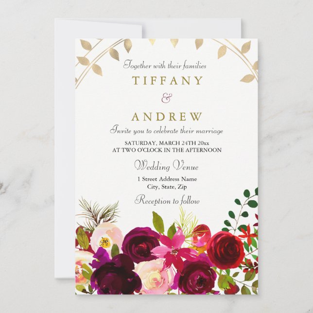 Invitation Fleurs Bourgognes Gold Leaf Mariage (Devant)