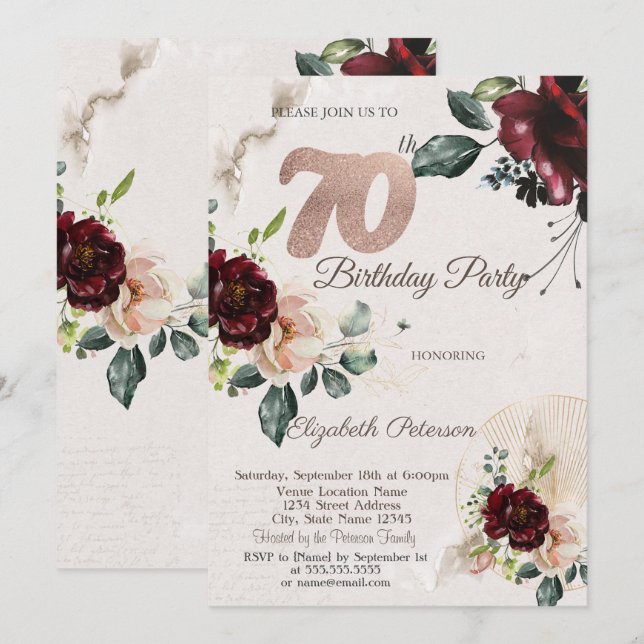 Invitation Fleurs Bourguignonnes Élégantes 70e Anniversaire  (Devant / Derrière)
