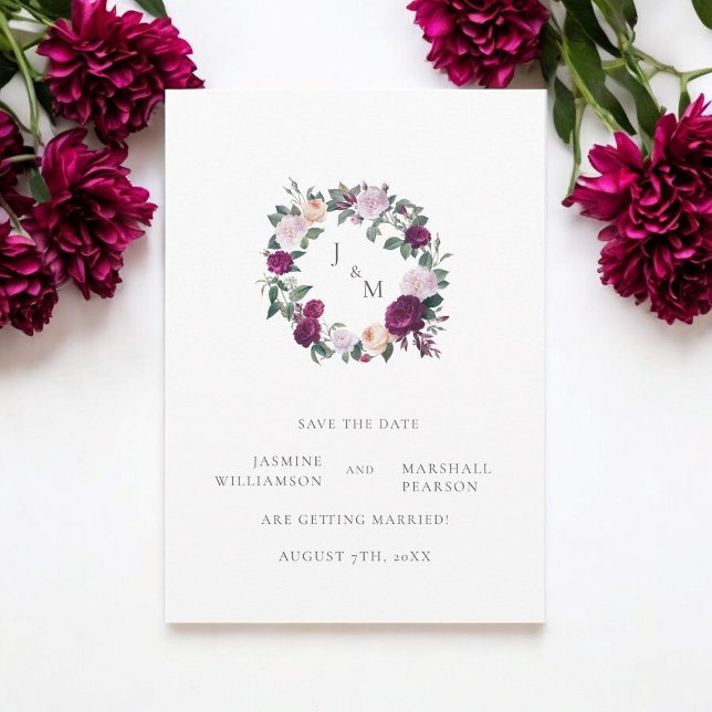 Invitation Fleurs bourguignonnes élégantes enregistrer la dat (stunning save the date card with monogram and a floral wreath )