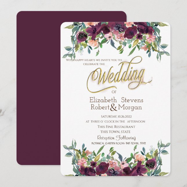 Invitation Fleurs Bourguignonnes Élégantes Mariage (Devant / Derrière)