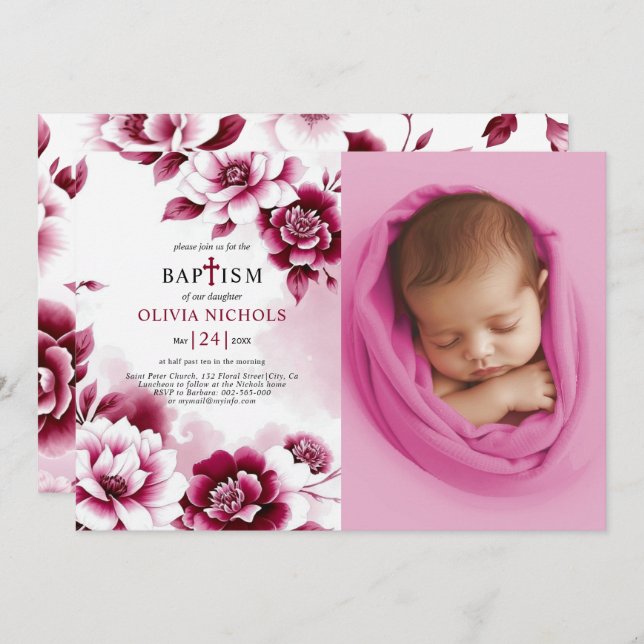 Invitation Fleurs bourguignonnes et fille de l'aquarelle Bapt (Devant / Derrière)