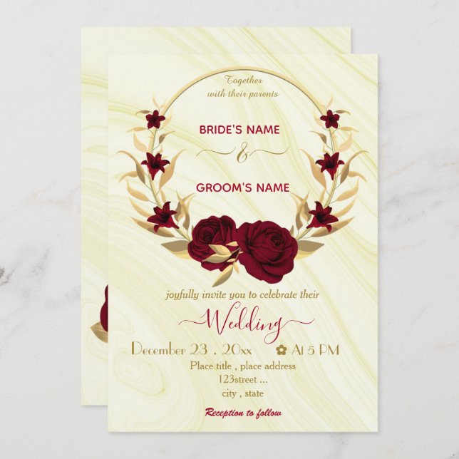 Invitation fleurs bourguignonnes or couronnes mariage (Devant / Derrière)