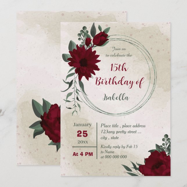 Invitation Fleurs bourguignonnes verdure anniversaire géométr (Devant / Derrière)