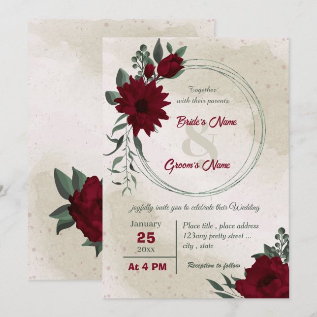 Invitation Fleurs bourguignonnes verdure mariage de couronne (Devant / Derrière)
