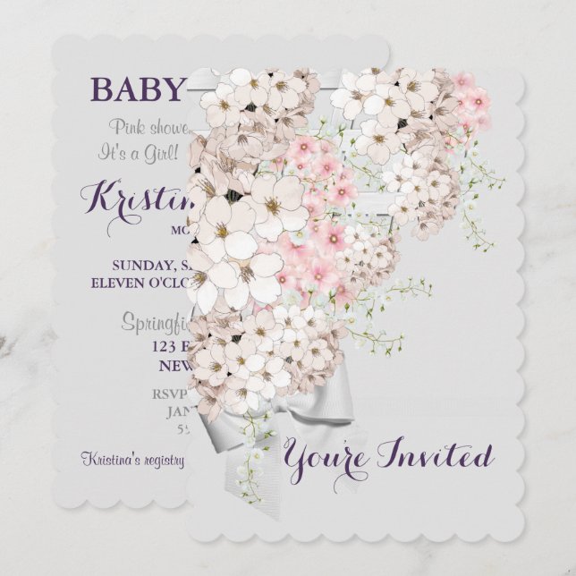 Invitation Fleurs BRIDE & Lattice Gray & Pink Shower Party (Devant / Derrière)