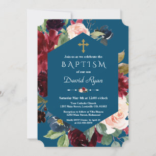Invitation Fleurs Brousses Bourgogne Croix Or Baptême Bleu Bl