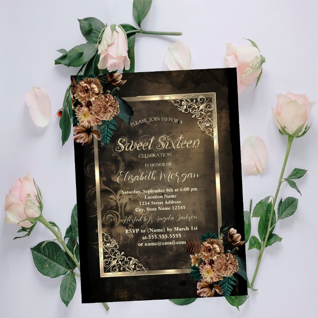 Invitation Fleurs Brown Gold Frame Gothique Sweet 16 (Créateur téléchargé)