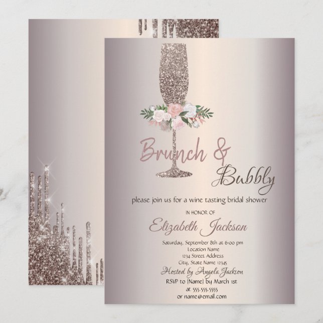 Invitation Fleurs Brunch & Bubbly Rose Gold Baby Shower (Devant / Derrière)