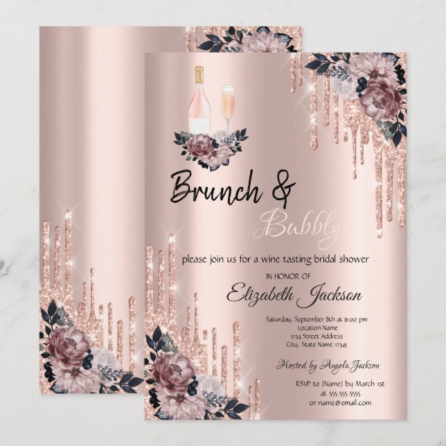Invitation Fleurs, brunch Drips & Bubbly Shower de mariage  (Devant / Derrière)