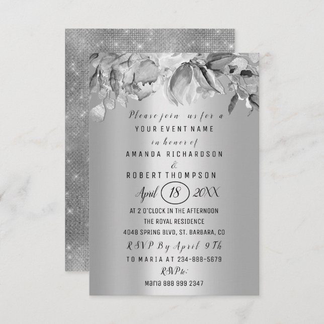 Invitation Fleurs Brunch Silver GRay Mariage Anniversaire (Devant / Derrière)