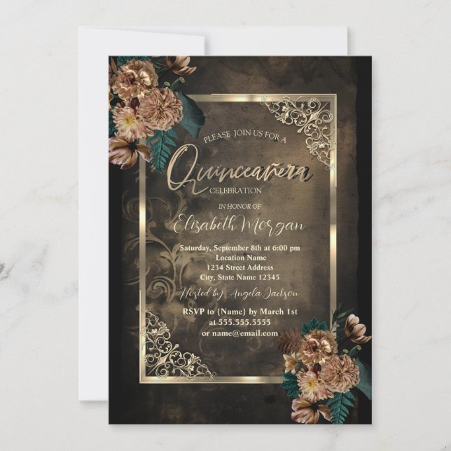 Invitation Fleurs brunes cadre doré gothique Quinceañera (Devant)