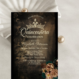 Invitation Fleurs Brunes Damassé Sombre Quinceañera Gothique 