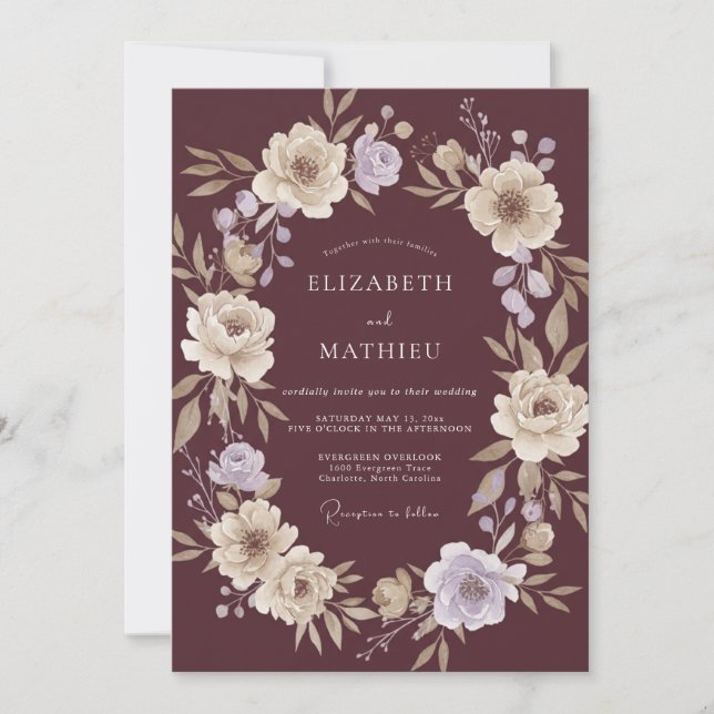 Invitation Fleurs Burgondes Peintes avec Élégance Mariage (Devant)