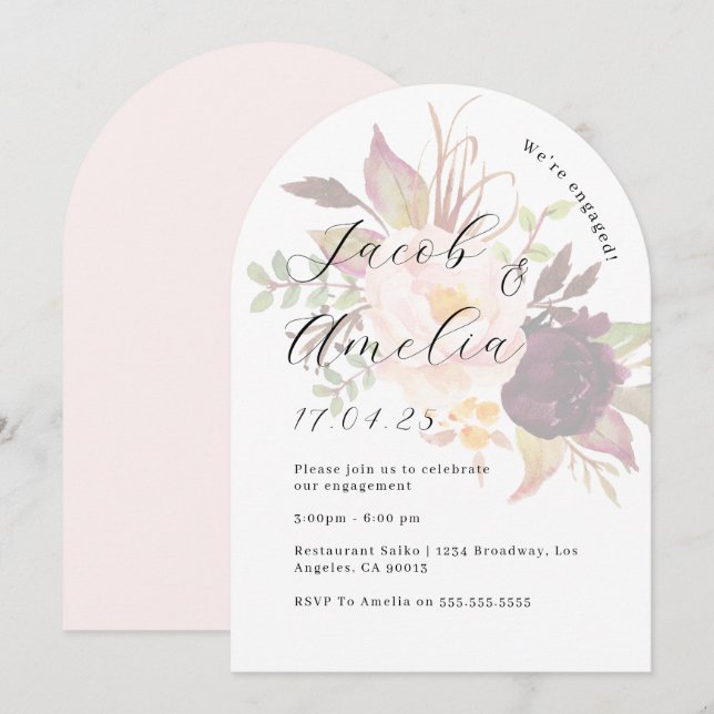 Invitation Fleurs Burgundy Blush Arch Fête de Fiançailles   (Devant / Derrière)