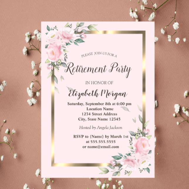 Invitation Fleurs Cadre Doré Rose Retraite (Créateur téléchargé)