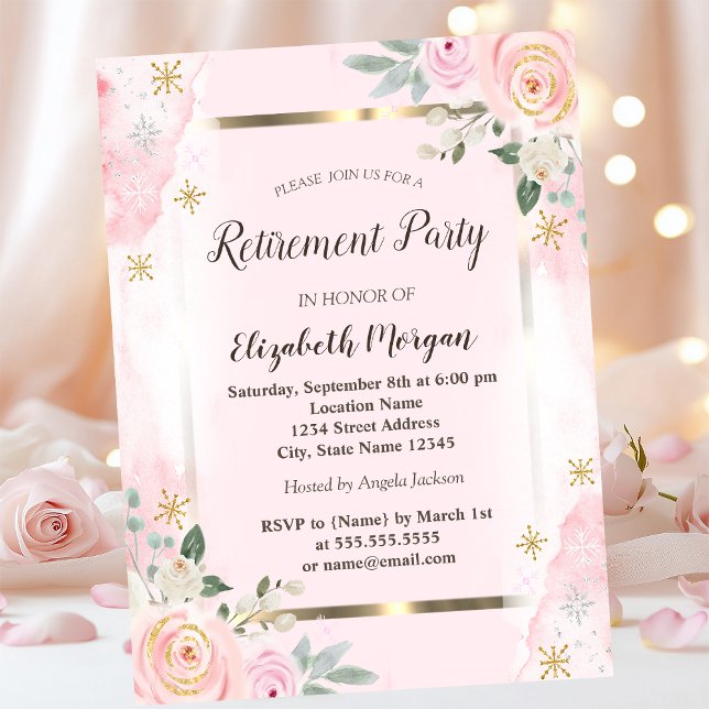 Invitation Fleurs Cadre Doré Roses Roses Retraite (Créateur téléchargé)
