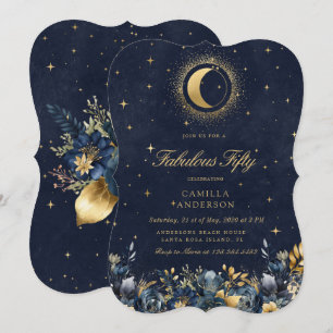 Invitation Fleurs célestes étoiles bleues lune anniversaire