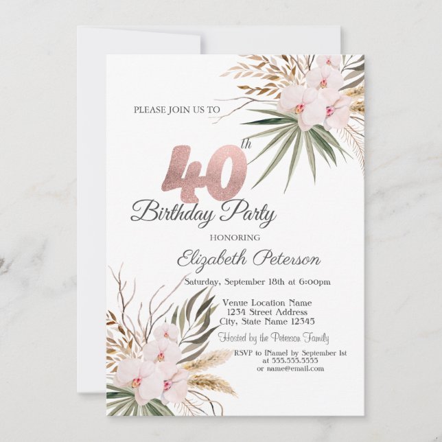 Invitation Fleurs Chic Boho 40e Anniversaire (Devant)