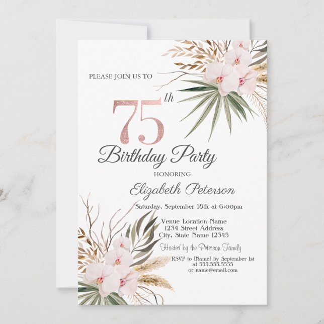 Invitation Fleurs Chic Boho 75e Anniversaire (Devant)