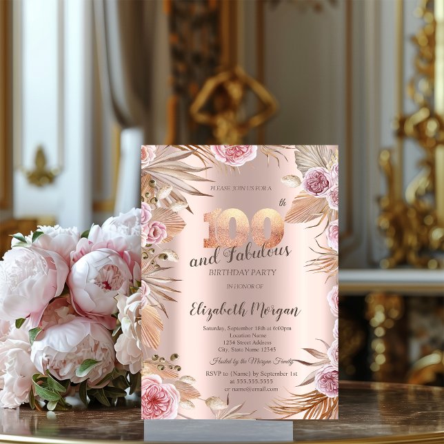 Invitation Fleurs Chic Boho Rose Doré 100e Anniversaire (Créateur téléchargé)
