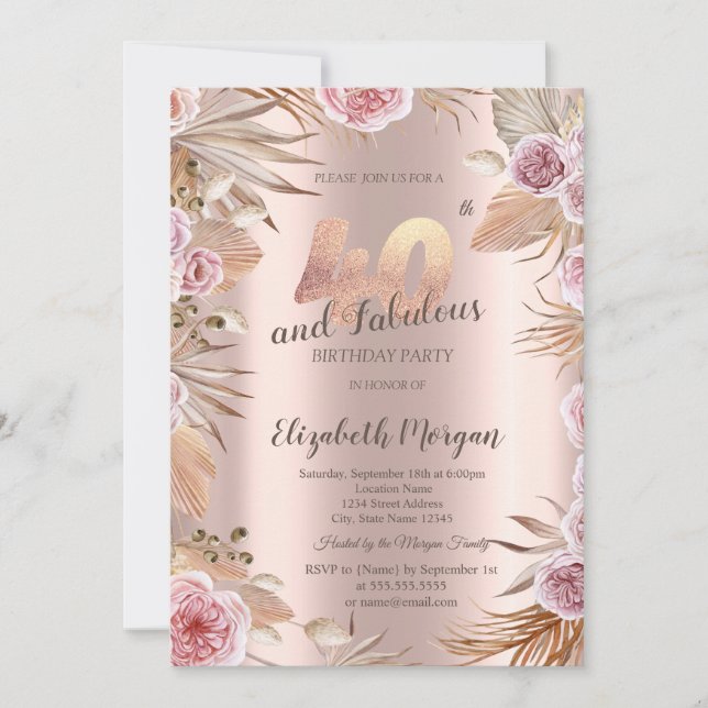 Invitation Fleurs Chic Boho Rose Doré 40e Anniversaire (Devant)