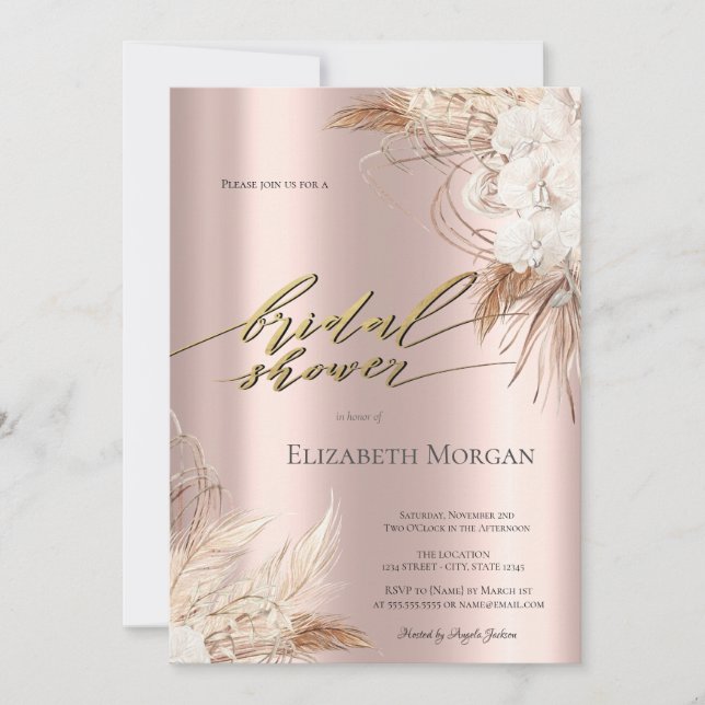 Invitation Fleurs Chic Boho Rose Doré Baby Shower de Mariée (Devant)