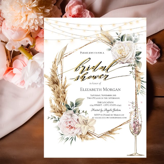 Invitation Fleurs Chic Boho Rose Doré Baby Shower de Mariée (Créateur téléchargé)