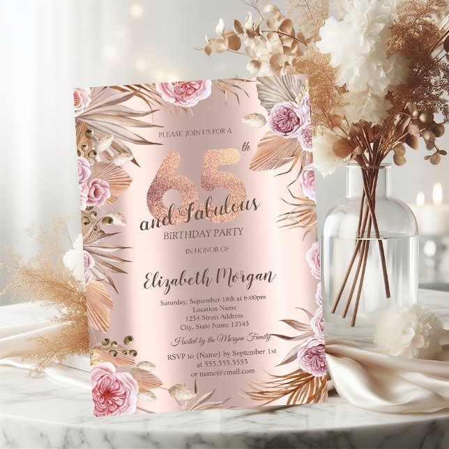 Invitation Fleurs Chic Boho Rose Gold 65e Anniversaire (Créateur téléchargé)