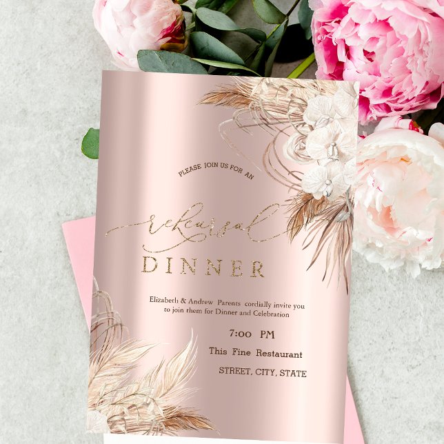 Invitation Fleurs Chic Boho Rose Gold Dîner de Répétition (Créateur téléchargé)
